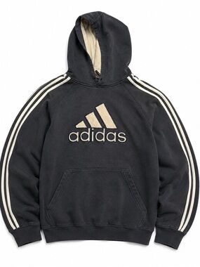 Vintage‎ Adidas Mens Navy Blue Hoodie Sweatshirt Cream Stripes Logo L Pullover